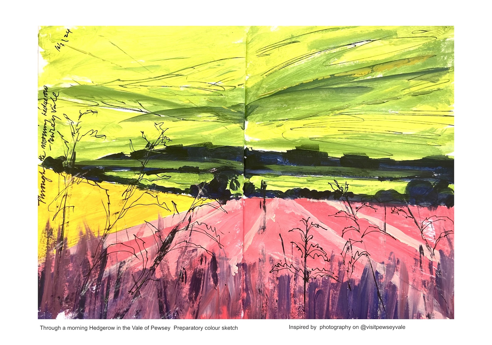 Tim-Baynes-Through-a-morning-Hedgerow-in-the-Vale-of-Pewsey-colour-sketch-c